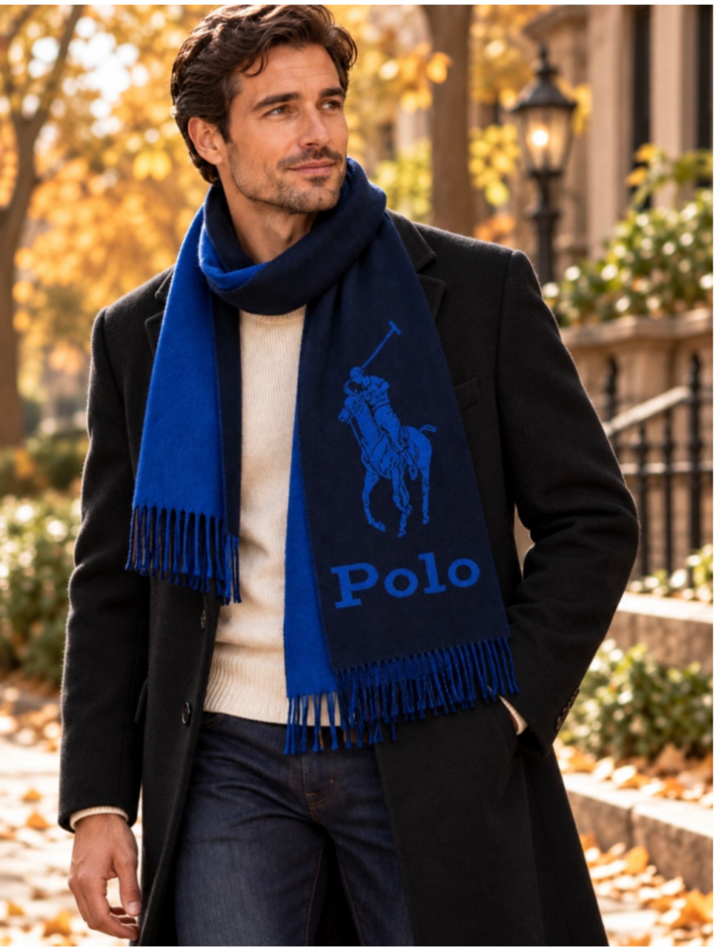 Polo Ralph Lauren Big Pony Wool Scarf Made in Italy Navy Cobalt Blue Unisex